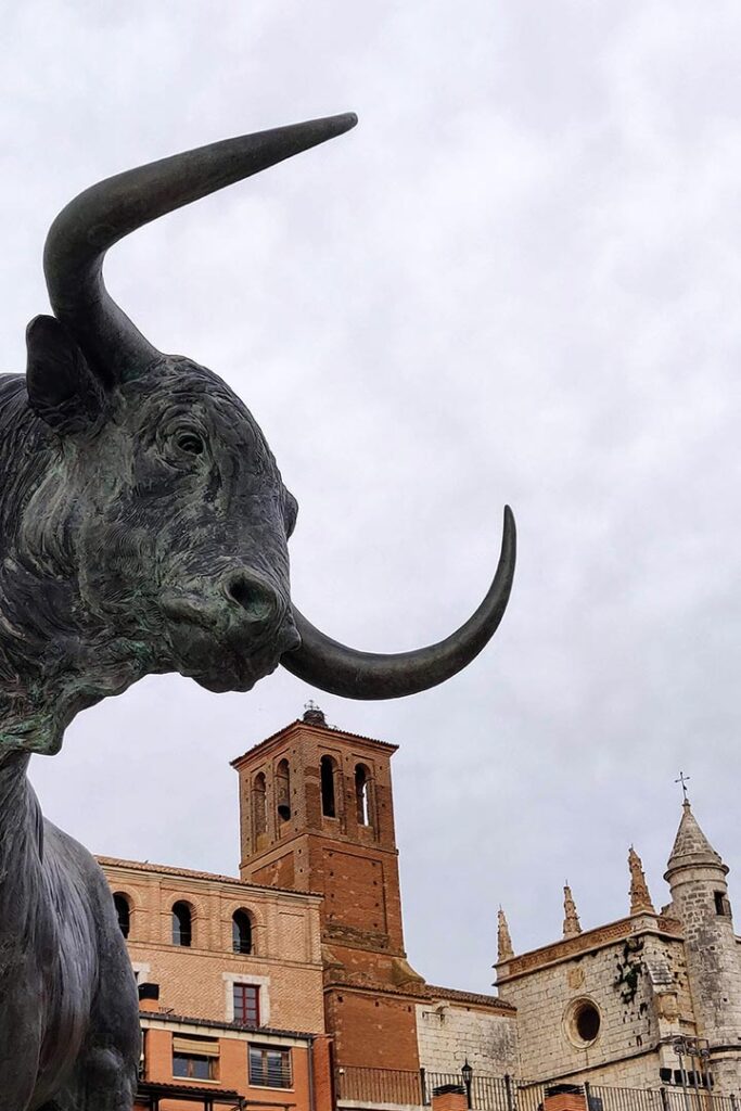 Estátua de um touro, alusiva ao festival Toro de la Vega, em Tordesilhas