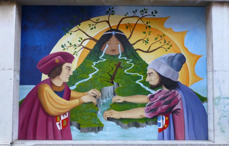 Mural alusivo ao Tratado de Tordesilhas no centro da cidade